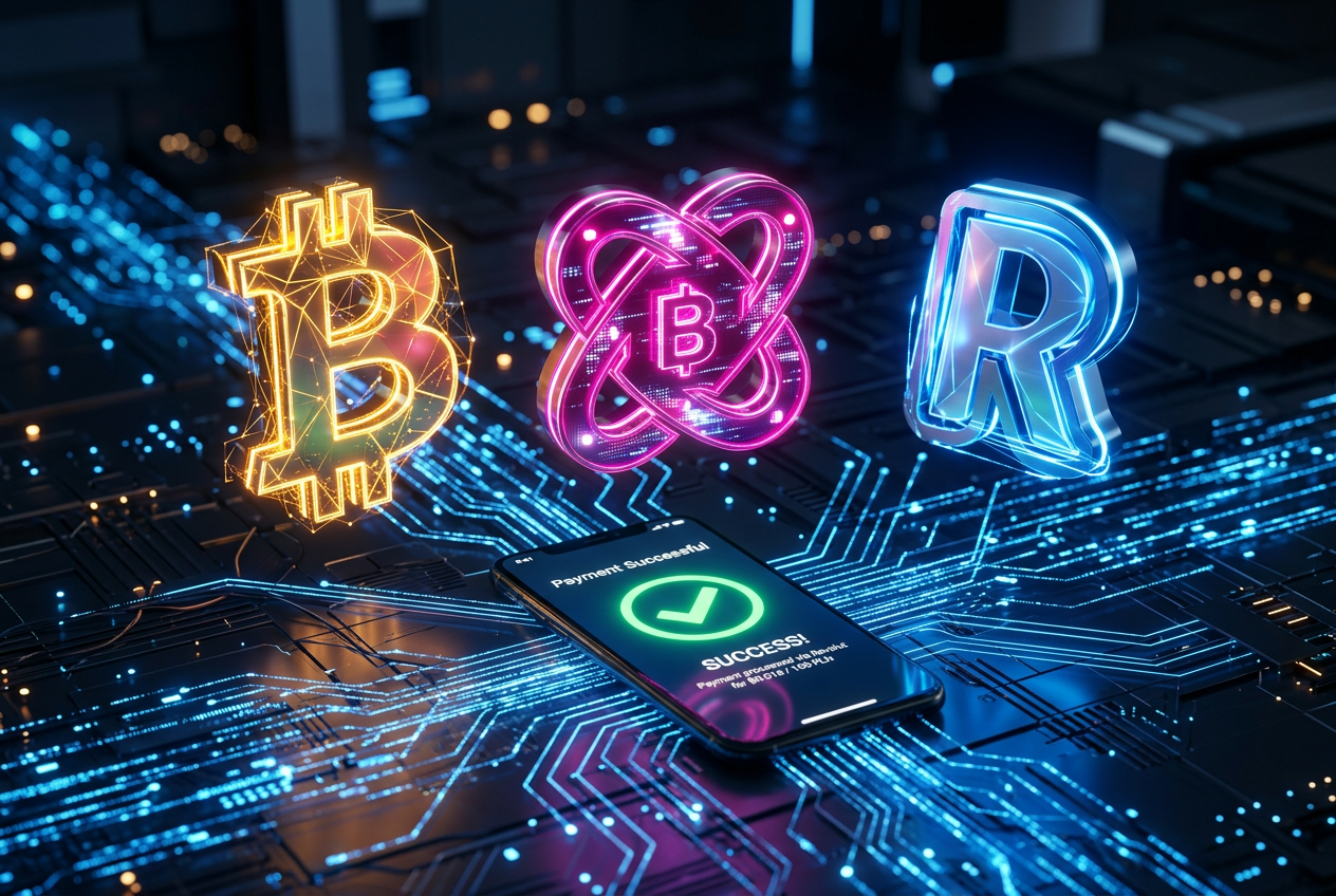 Digital icons of Bitcoin, Revolut and BLIK on a high-tech interface represent modern casino payment methods