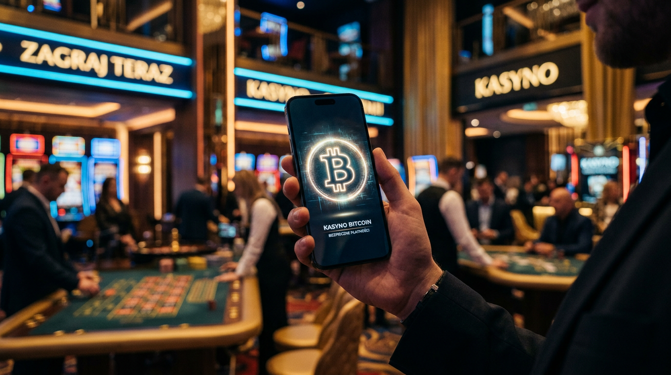 Smartfon z logo Bitcoin na tle luksusowego kasyna