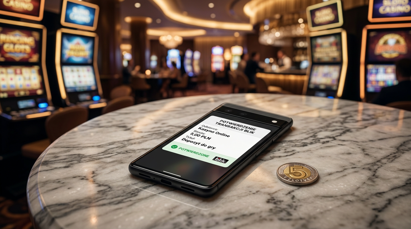 Smartfon z transakcją BLIK 5 PLN i monetą 5 zł w kontekście kasyna online