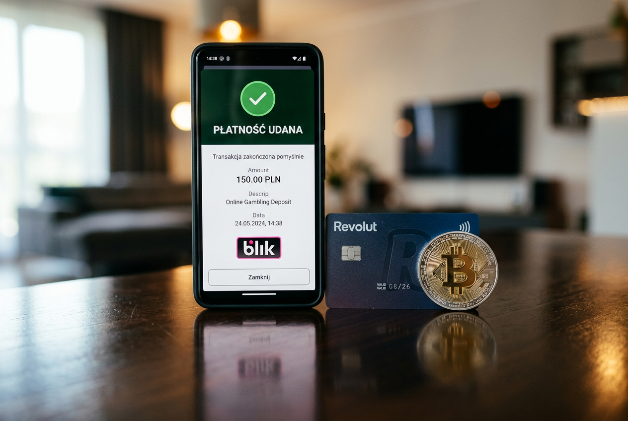 Różnorodne metody płatności w kasynie online: smartfon z BLIK, karty Visa i portfel krypto
