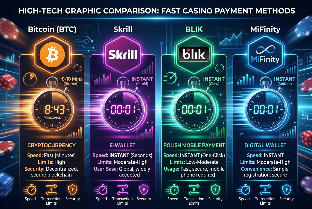 Porównanie logo szybkich metod płatności typu BLIK, Skrill, Bitcoin