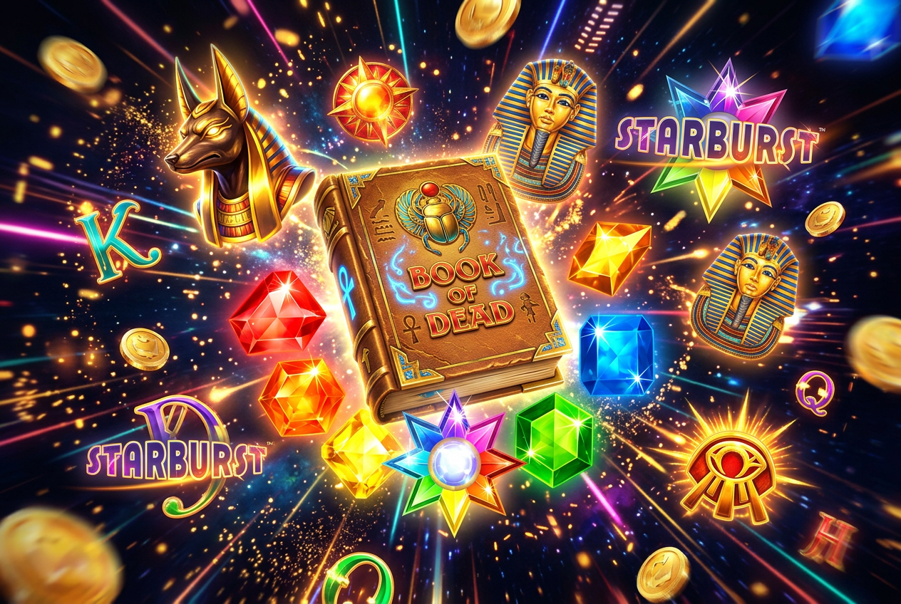 Kolaż symboli z popularnych automatów wideo takich jak Book of Dead i Starburst