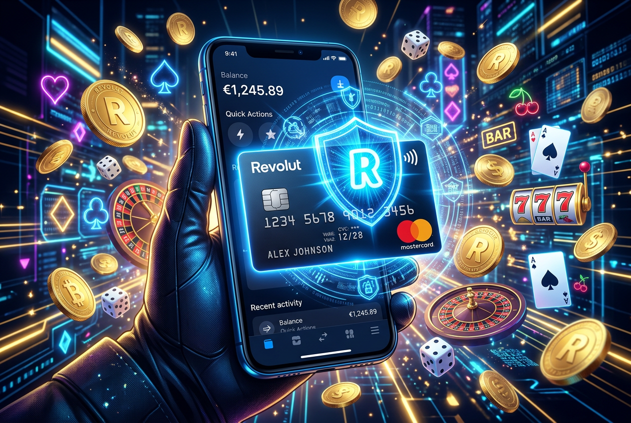 Smartphone displaying Revolut app security features next to casino chips