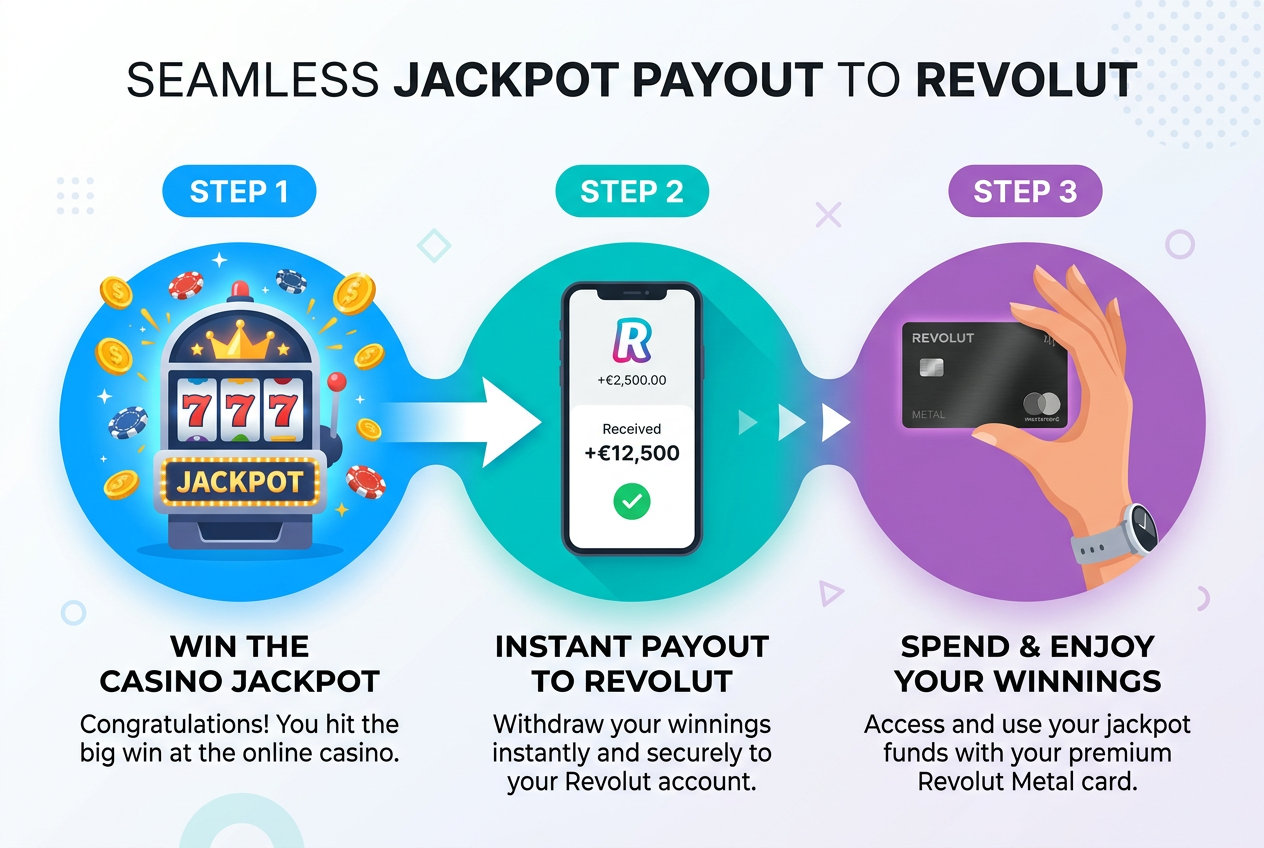 Step-by-step visual representation of online casino withdrawal to Revolut app